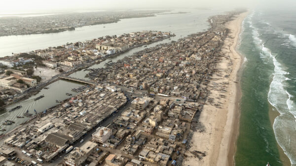 Saint Louis with Guet N'Dar in the forefront , where coastal erosion is a major problem. 
Saint-Louis, Senegal